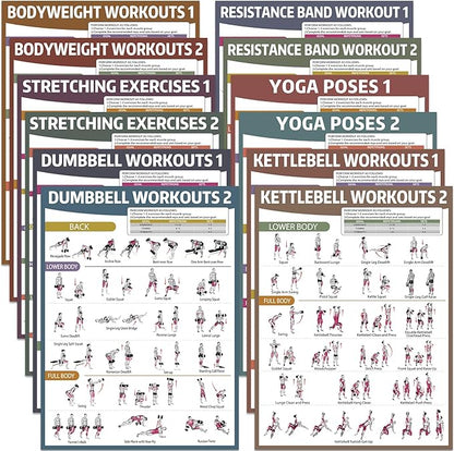 gisgfim 12PCS Workout Posters for Home Gym Dumbbells, Bodyweight, Stretching, Kettlebells, Yoga, Resistance Bands Exercise Chart Muscle Engagement Chart Full Body Workout Poster Set Garage Gym Decor