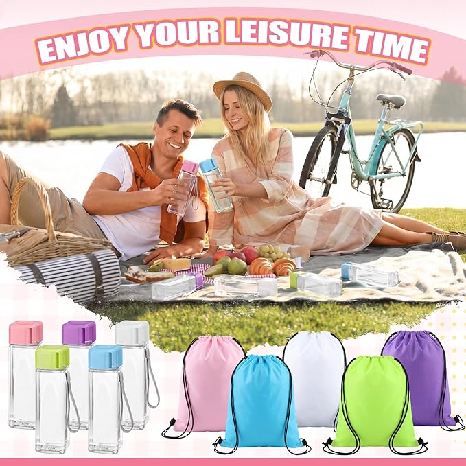 Mifoci 60 Pieces 17oz Water Bottle Bulk and Drawstring Backpack Set 30 Pcs Plastic Water Bottles 30 Pcs Gym Goodie Gift Bag for Outdoor Fitness(Multicolor)