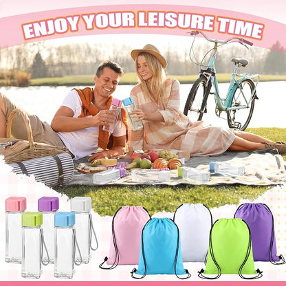 Mifoci 60 Pieces 17oz Water Bottle Bulk and Drawstring Backpack Set 30 Pcs Plastic Water Bottles 30 Pcs Gym Goodie Gift Bag for Outdoor Fitness(Multicolor)