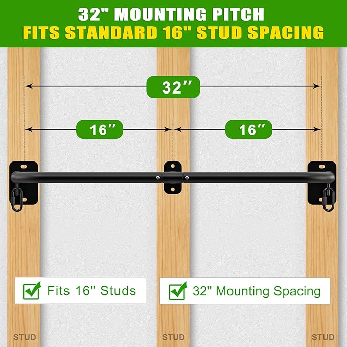 SELEWARE Heavy Duty Wall Mount Pull Up Bar, Joist Mount Chin Up Bar for Doorway, Sturdy Steel Construction, w/Resistance Band Hooks, Fits 32"/36" Wall Studs for Home Gym Strength Training