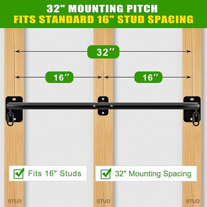 SELEWARE Heavy Duty Wall Mount Pull Up Bar, Joist Mount Chin Up Bar for Doorway, Sturdy Steel Construction, w/Resistance Band Hooks, Fits 32"/36" Wall Studs for Home Gym Strength Training