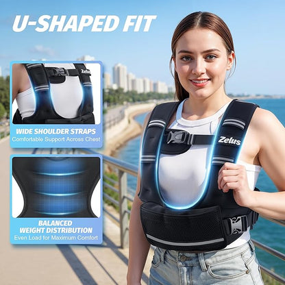 ZELUS Weighted Vest for Women Men, 4-10lb/11-20lb/20-32lb Curve-Fit Ergonomic Design Adjustable Workout Vest with 6 Iron Sand Bags, SGS-Certified Rucking Vest for Strength Training & Cardio Workouts