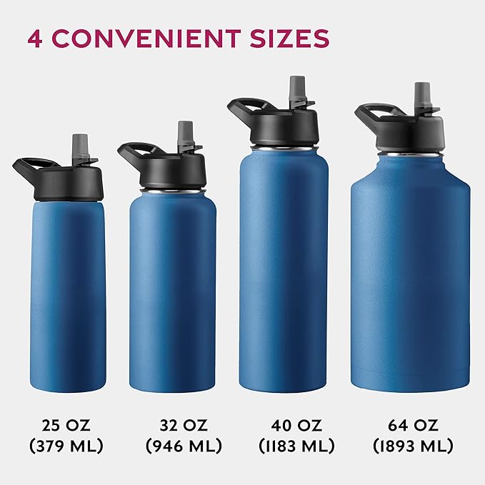 FineDine Triple Walled, Insulated Water Bottles with Straw - 64 Oz Stainless Steel Metal Bottle W/ 3 Leak Proof Lids - For Travel, School, Sports, Gym/Men, Women & Kids - Majestic Sapphire