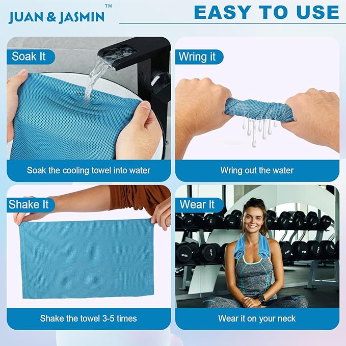 JUAN & JASMIN 2 Pack Cooling Towels (19.5"x15"), Soft Breathable Chilly Towels, Super Absorbent, Ice Wraps, Towels-Ideal for Hiking, Running, Workout, Gym, Dancing, Camping, Fitness (Blue)