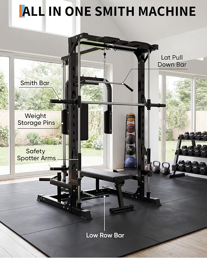 Smith Machine with Bench, Heavy Duty Power Cage Squat Rack with Smith Bar, LAT Pulldown System, Chest Station & More Training Attachment, Home Gym Equipment for Strengthen Training