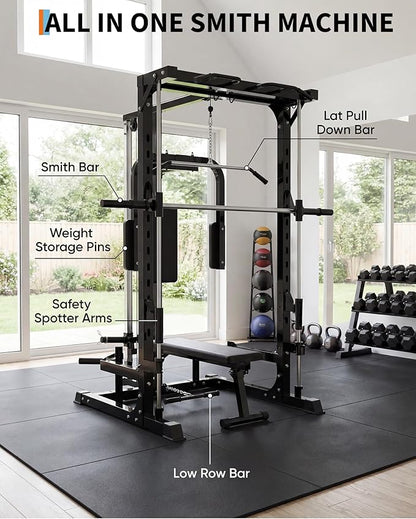 Smith Machine with Bench, Heavy Duty Power Cage Squat Rack with Smith Bar, LAT Pulldown System, Chest Station & More Training Attachment, Home Gym Equipment for Strengthen Training