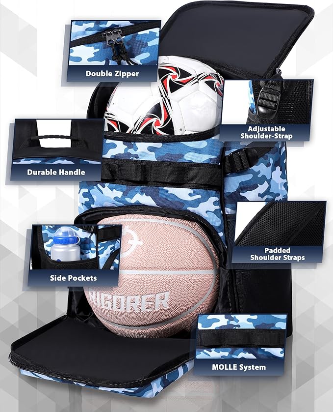 TRAILKICKER Basketball Bag Backpack with Ball Holder Multi-Sport Backpack for Soccer Volleyball Football Baseball Helmet