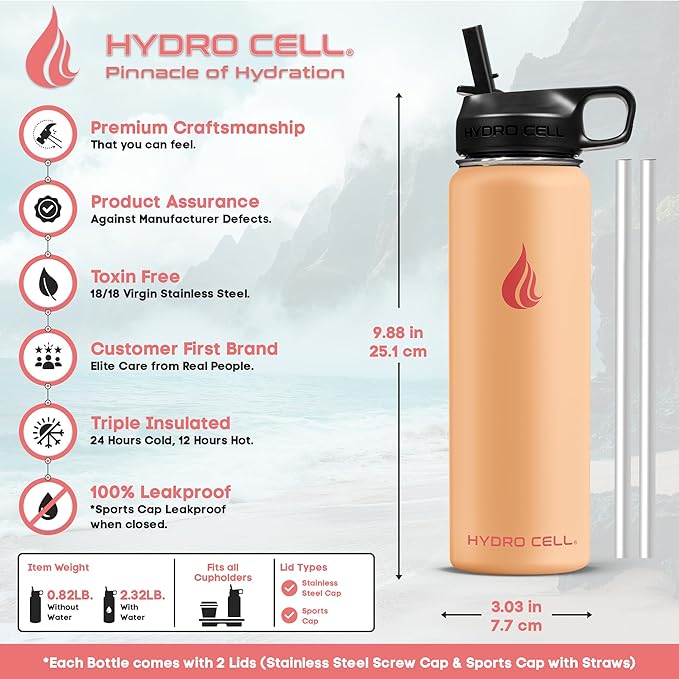 HYDRO CELL Stainless Steel Insulated Water Bottle with Straw - For Cold & Hot Drinks - Metal Vacuum Flask with Screw Cap and Modern Leakproof Sport Thermos for Adults (Peach 24oz)