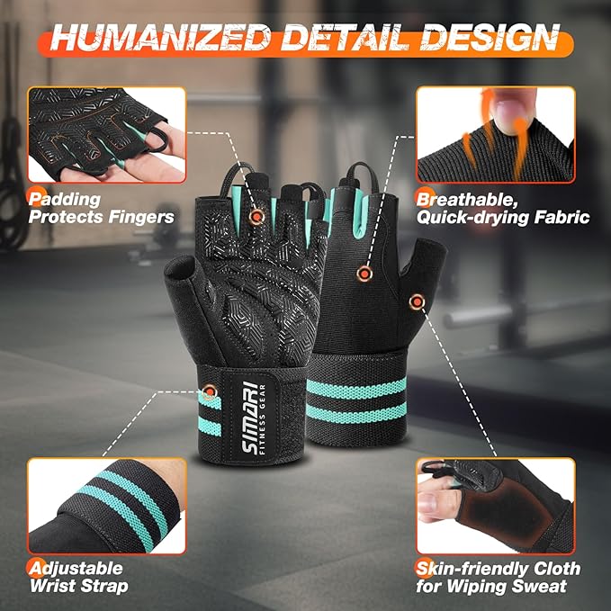 SIMARI Workout Gym Gloves for Men Women, Weight Lifting Gloves with Wrist Wrap Support, SBR Pad Grip for Full Palm Protection, for Exercise, Fitness, Dumbbells, Barbell, Climbing, Fingerless