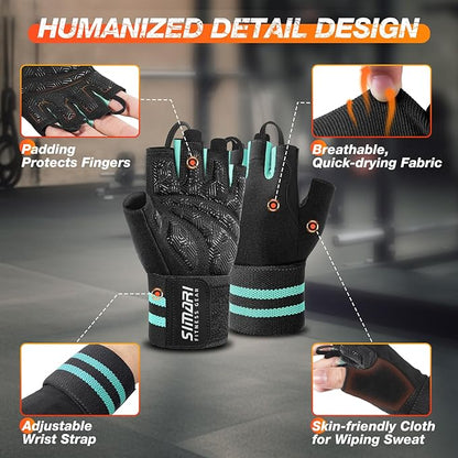 SIMARI Workout Gym Gloves for Men Women, Weight Lifting Gloves with Wrist Wrap Support, SBR Pad Grip for Full Palm Protection, for Exercise, Fitness, Dumbbells, Barbell, Climbing, Fingerless