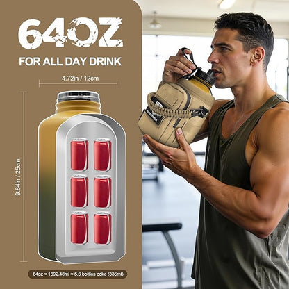 NATURE PIONEOR 64 oz Tactical Water Bottle Set, Stainless Steel Half Gallon Insulated Water Bottle with Tactical MOLLE Bottle Carrier Sleeve, for Outdoor Work, Gym, Hiking, Camping