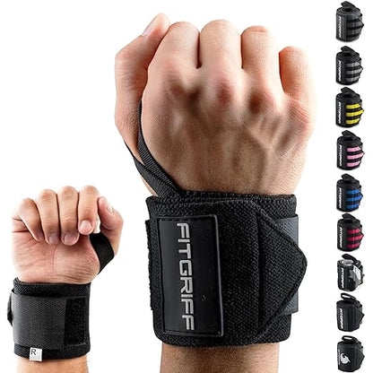 Fitgriff® Wrist Wraps for Weightlifting (18") Heavy-Duty Support for Gym, Bench Press, and Pushups (1 Pair) - for Men and Women (Black)