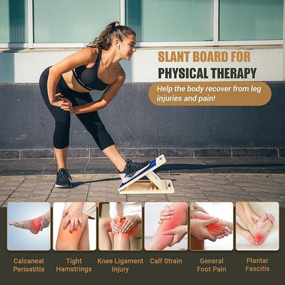 Wooden Slant Board for Calf Stretching, Portable Adjustable Calf Stretch Board with Training Poster & Resistance Bands, 300lb Weight Capacity Calf Ankle Achilles Physical Therapy Leg Exercisers