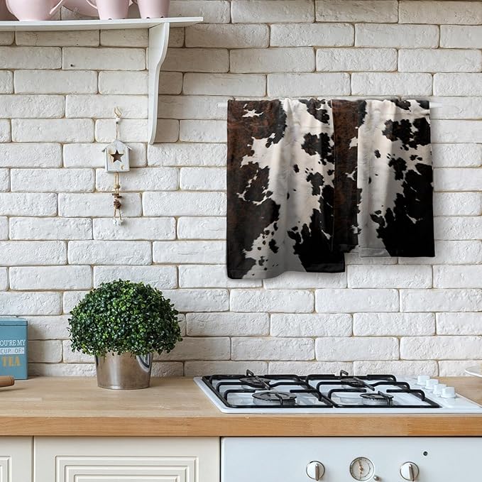 Cow Fur Texture Hand Towels 2 Pack 28x14 Inch White Black Brown Animal Skin Print Kitchen Bathroom Gym Towels