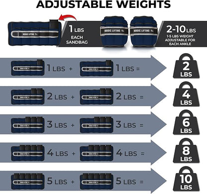 Nordic Lifting Adjustable Ankle Weights for Women & Men – 1 Pair (2–10 lbs) Wrist, Arm & Leg Weights for Gym, Yoga & Home Workouts – Secure Fit Strap Design – Durable Fitness Training Equipment