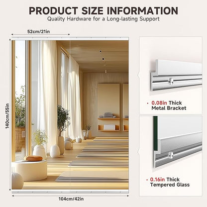 Home Gym Mirror, 55" x 21", 2PCS Large Full Body Mirror for Yoga, Silver Frameless Tempered Glass, Wall-Mounted Wall Mirrors for Home Gym, Workout, Garage, Bedroom, Bathroom, Dance Studio