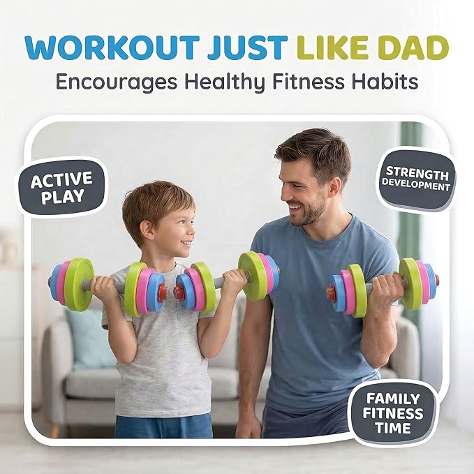 Kids Workout Dumbbell Weights Set - Toddler Toy Gym Equipment for Pretend Play Lifting, Exercise & Fitness - Adjustable Fill with Sand or Water