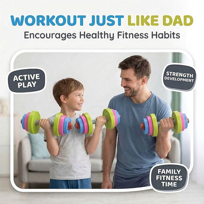 Kids Workout Dumbbell Weights Set - Toddler Toy Gym Equipment for Pretend Play Lifting, Exercise & Fitness - Adjustable Fill with Sand or Water