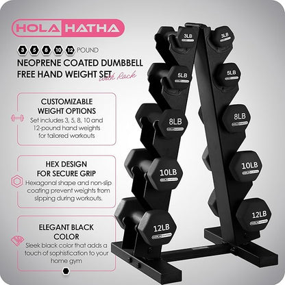 HolaHatha 2, 3, 5, 8, and 10 Pound Neoprene Dumbbell Free Hand Weight Set with Rack, Ideal for Home Exercises to Gain Tone and Definition, Pastel