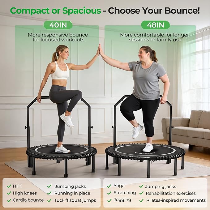 BCAN BT2 450/550LBS Mini Rebounder Trampoline for Adults with Bar, Fitness Trampoline with Bungees, Adjustable Handle, Stable & Quiet, Indoor Outdoor, Whole-Body Workout & Relaxation at Home-40IN/48IN