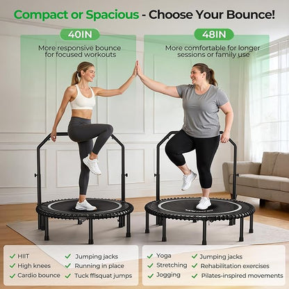 BCAN BT2 450/550LBS Mini Rebounder Trampoline for Adults with Bar, Fitness Trampoline with Bungees, Adjustable Handle, Stable & Quiet, Indoor Outdoor, Whole-Body Workout & Relaxation at Home-40IN/48IN