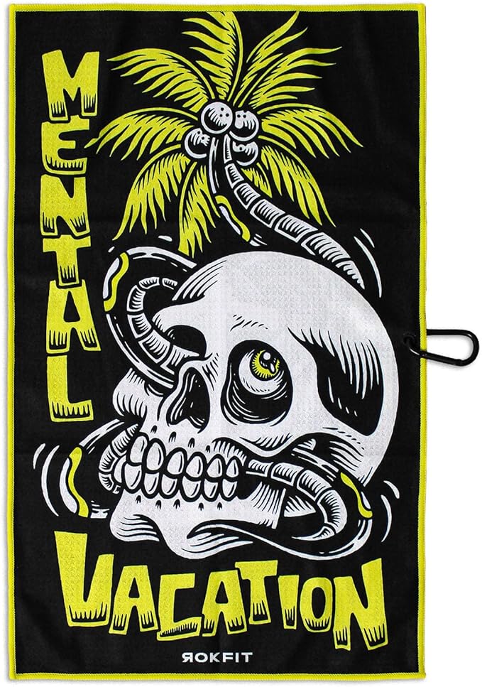 RokFit Gym & Golf Towel – Multi-Use, Quick-Dry, Durable Utility Towel with Bold Graphic and Carabiner Clip (Mental Vacation)