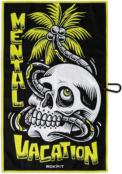RokFit Gym & Golf Towel – Multi-Use, Quick-Dry, Durable Utility Towel with Bold Graphic and Carabiner Clip (Mental Vacation)