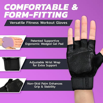 Wrist Support Gloves with Patented Ergonomic Gel Pad and Wrist Wrap for Women and Men's Workouts