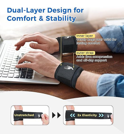 HiRui 2 Pack Wrist Compression Straps – Dual‑Layer Wrist Brace for Pain Relief & Support, Tendonitis, Carpal Tunnel, Arthritis – Adjustable Wrist Wraps for Fitness, Workouts & Everyday Use (Black)
