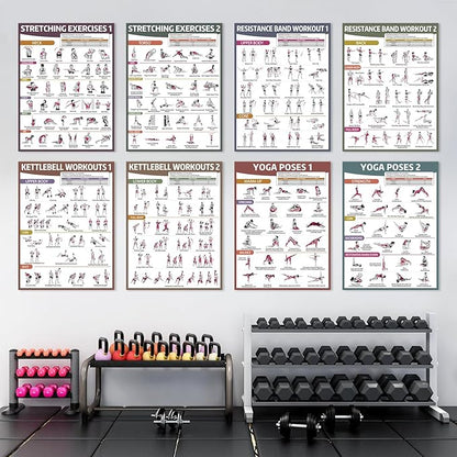 gisgfim 12PCS Workout Posters for Home Gym Dumbbells, Bodyweight, Stretching, Kettlebells, Yoga, Resistance Bands Exercise Chart Muscle Engagement Chart Full Body Workout Poster Set Garage Gym Decor