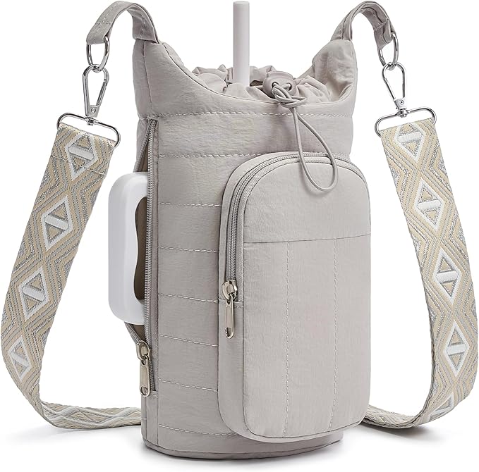 WOOMADA Water Bottle Holder Bag with Strap, 40/32 oz Crossbody Bag Gym Accessories, Sling Purses for Women(Grey)
