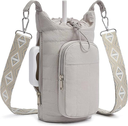WOOMADA Water Bottle Holder Bag with Strap, 40/32 oz Crossbody Bag Gym Accessories, Sling Purses for Women(Grey)