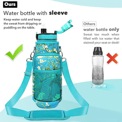 32 oz Water Bottles with Straw & Strap, Motivational Water Bottles with Times to Drink, BPA Free Reusable Sports Water Bottle with Sleeve Carrier for Hiking, Travel, Running or Fitness