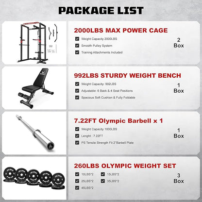 S11 Power Cage, 2000LB Multi-Function Power Rack with LAT Pulldown, Squat Rack with Adjustable Pulley System and Training Attachments, Weight Rack for Home Gym