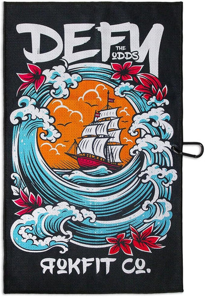 RokFit Gym & Golf Towel – Multi-Use, Quick-Dry, Durable Utility Towel with Bold Graphic and Carabiner Clip (Defy The Odds)