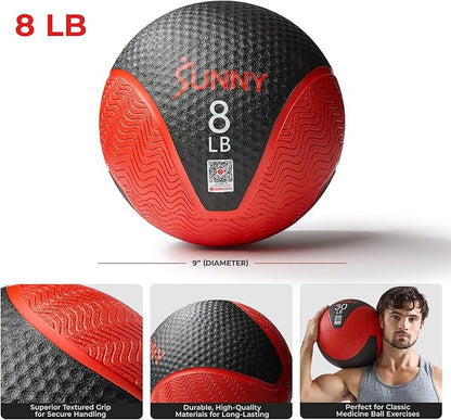 Sunny Health & Fitness Medicine Ball, Textured Rubber, Core Strength & Balance Training, Bouncing, Weight for Home Workouts 4,6,8,10,12,15,20,25,30LB Options