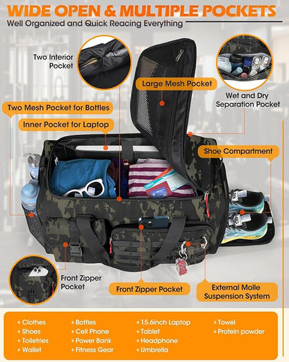 RAINSMORE Gym Bag for Men, 45L Sports Travel Duffel Bag with Shoe & Laptop Compartment, Gym Workout Backpack Carry On Weekender Bag Overnight Backpack for Travel, Green Camo
