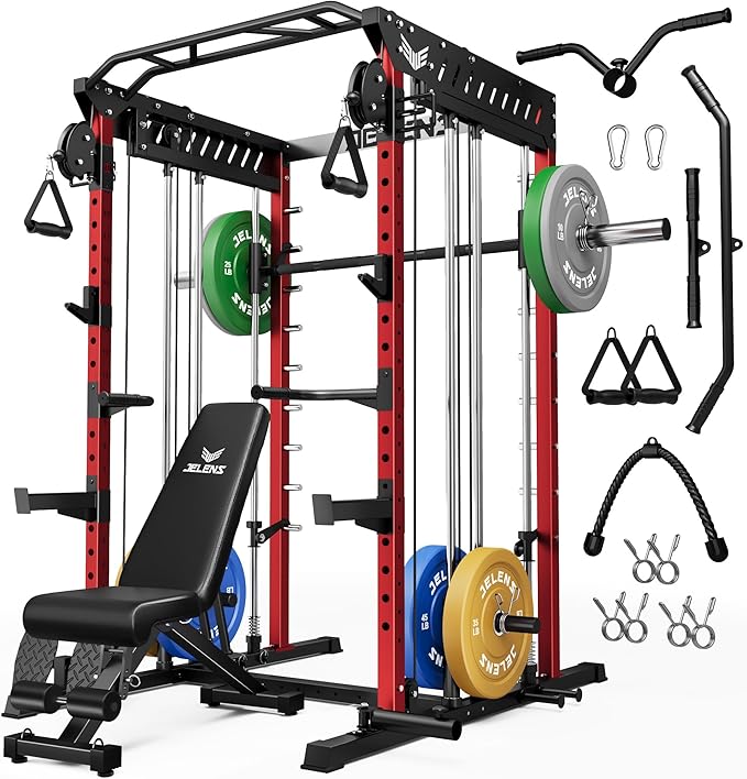M21 Smith Machine, Multi-Function Power Cage with Dual Pulley Cable Crossover System, 2000LBS All-in-One Squat Rack with Smith Bar and Attachments for Home Gym Strength Training