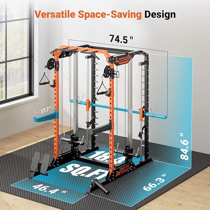 YOLEO Smith Machine & Squat Rack Combo, Multi-Functional Power Racks with Adjustable Width & Pull-Up Bar, Cable Crossover Power Cage, Independent Dual-Pulley System for Home Gym Garage Basement
