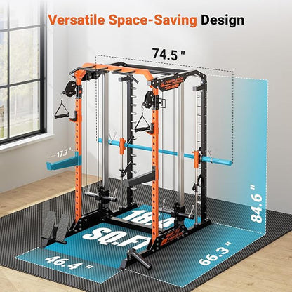 YOLEO Smith Machine & Squat Rack Combo, Multi-Functional Power Racks with Adjustable Width & Pull-Up Bar, Cable Crossover Power Cage, Independent Dual-Pulley System for Home Gym Garage Basement