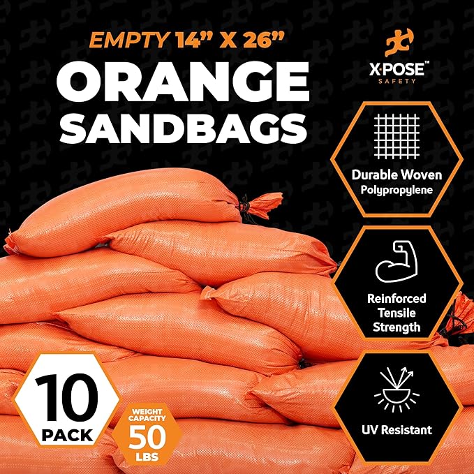 Xpose Safety Heavy Duty Sand Bags with Tie Strings – Empty Woven Polypropylene Sandbags for Hurricane Flood Protection, 50 lb Capacity, 14" x 26", Orange, Pack of 500