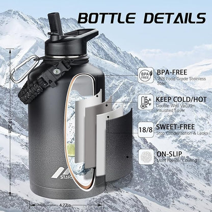 StarSpeed 64oz Insulated Water Bottle with Straws & 2 Lids, Half Gallon Stainless Steel Double Walled Vacuum Water Jug, Large Wide Mouth with Paracord Handle for Gym Camping Hiking, Dark Gray
