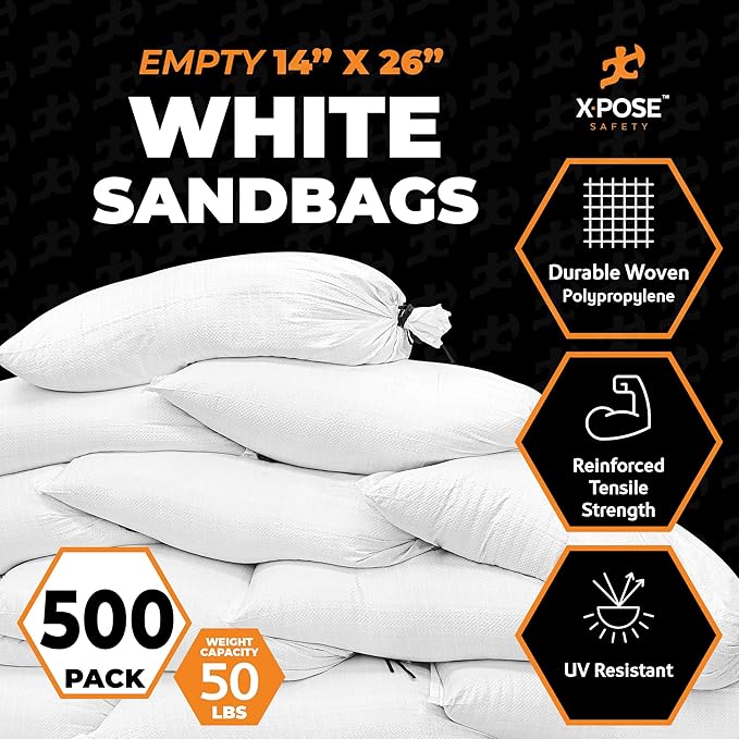 Xpose Safety Heavy Duty Sand Bags with Tie Strings – Empty Woven Polypropylene Sandbags for Hurricane Flood Protection, 50 lb Capacity, 14" x 26", White, Pack of 500