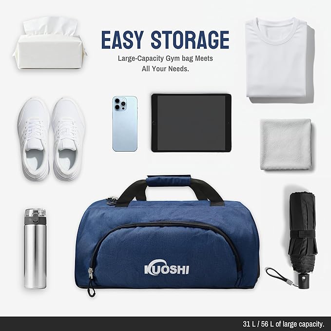 56L Gym Bag Sports Duffle Bag with Shoe Compartment & Wet Pocket, Carry-on Luggage Bag with Quick-Access Pouch, Weekender Overnight Travel Bag for Men & Women