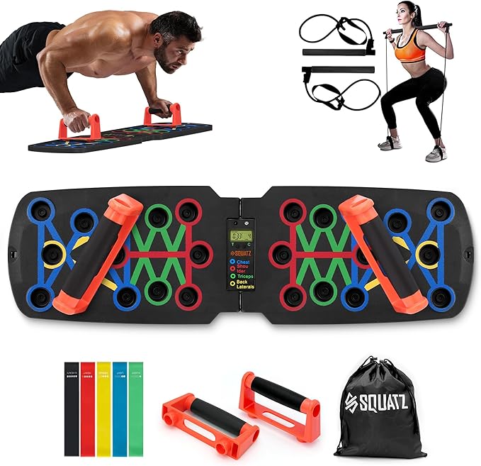 SQUATZ Portable Push Up Board - Bars Includes 5 Resistance Bands, Bag, and Pilates Rod - Work Out Equipment for Home Gym for Full Body - Strength Training Equipment Handles - Capacity 661 LBS