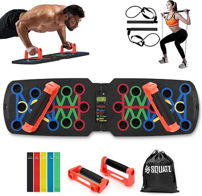 SQUATZ Portable Push Up Board - Bars Includes 5 Resistance Bands, Bag, and Pilates Rod - Work Out Equipment for Home Gym for Full Body - Strength Training Equipment Handles - Capacity 661 LBS