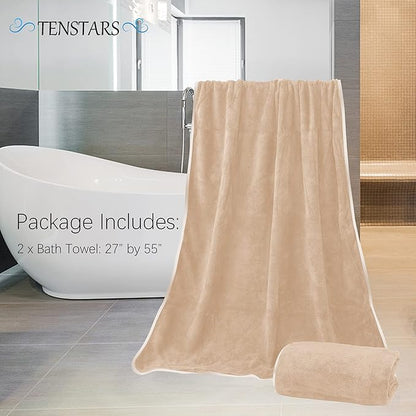 TENSTARS Silk Hemming Bath Towels for Bathroom Clearance - 27 x 55 inches - Light Thin Quick Drying - Soft Microfiber Absorbent Towel for Bath Fitness, Sports, Yoga, Travel, Gym - 2 Pack, Brown
