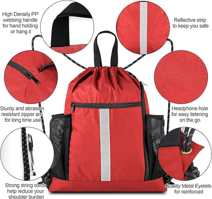 BeeGreen Red Drawstring Backpack Gymsack Bag with Shoe Compartment and Two Side Mesh Pockets Lightweight Durable Sports Cinch Sackpack 1 Pack for Women Men Workout Swim
