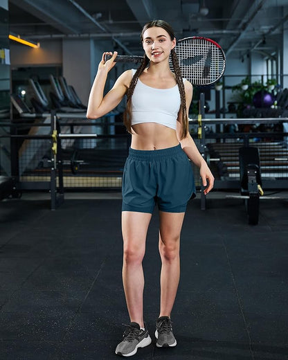 Ksmien Women's 2 in 1 Running Shorts Quick Dry Athletic Gym Workout Shorts with Liner Phone Pockets