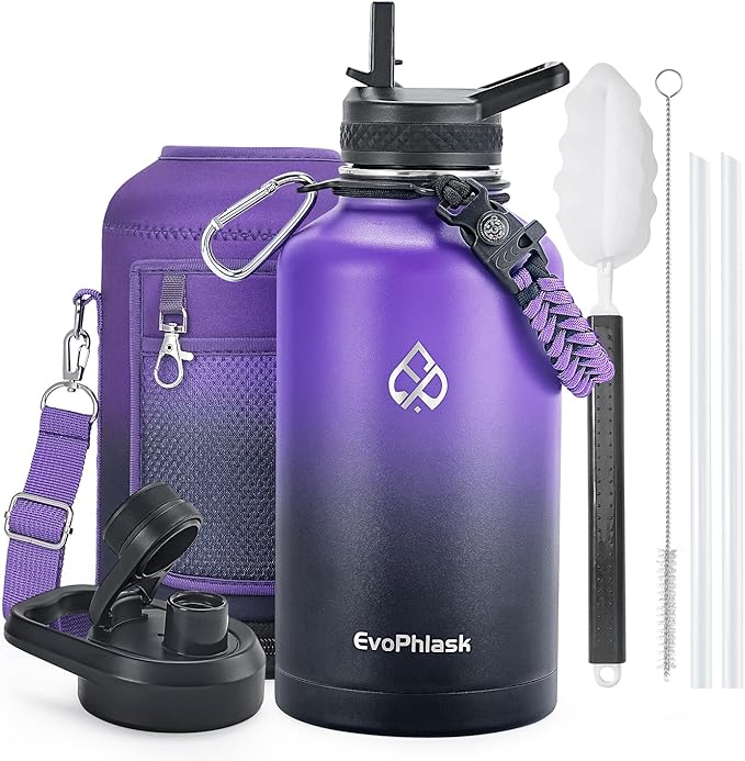 Insulated Water Bottle 64 oz, Vacuum Stainless Steel Water Bottle Keep Cold 48Hrs, Half Gallon Large Water Jug for Travel, Sport, Gym, Hiking with Carrier Bag, Purple/Black